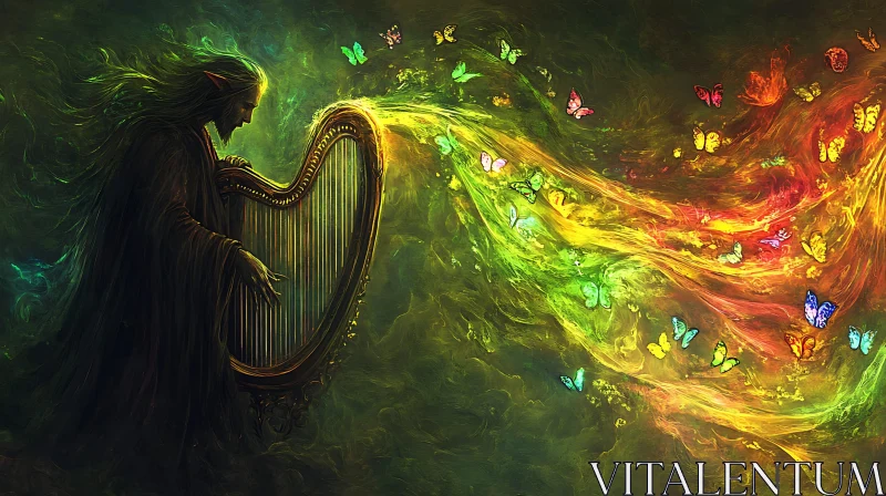 AI ART Enchanted Harpist with Butterflies