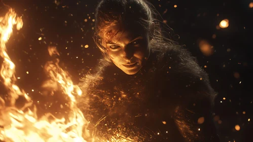 Woman in Flames with Fierce Expression