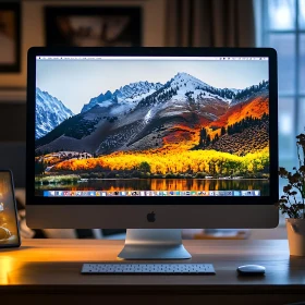Cozy Workspace with iMac and Scenic Display