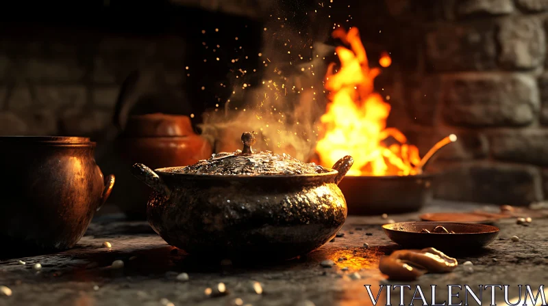 Warm Fireplace Cooking Still Life AI Image