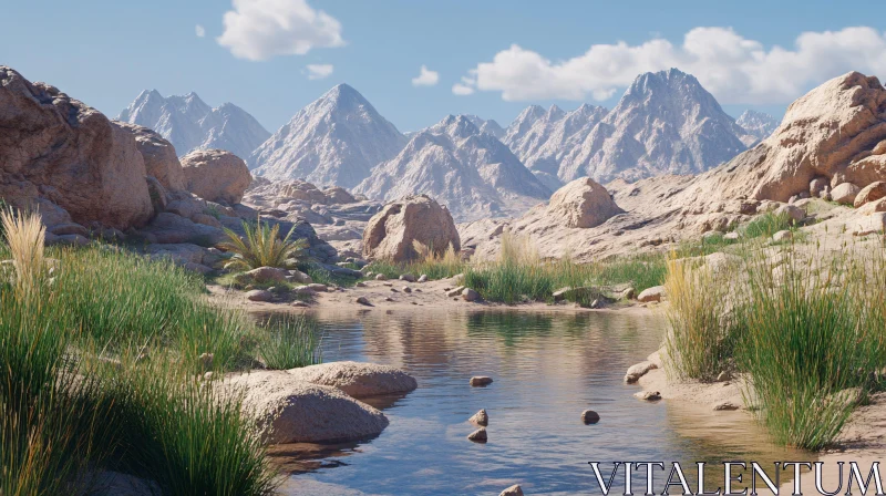 AI ART Scenic Desert Oasis with Mountain Range