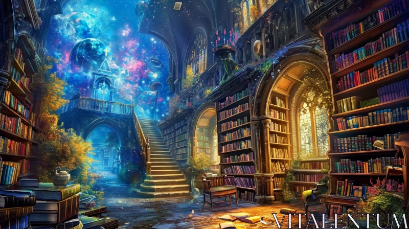 Enchanting Fantasy Painting of a Library | Meticulously Crafted Bookshelves | Serene Window AI Image