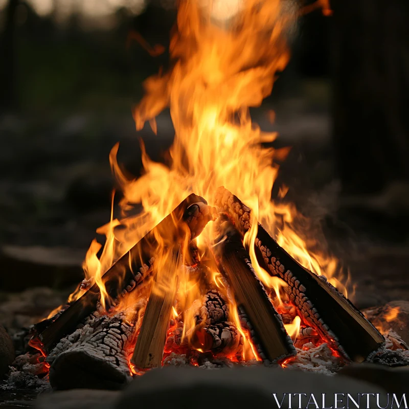 Burning Wood Logs in a Serene Forest Campfire AI Image