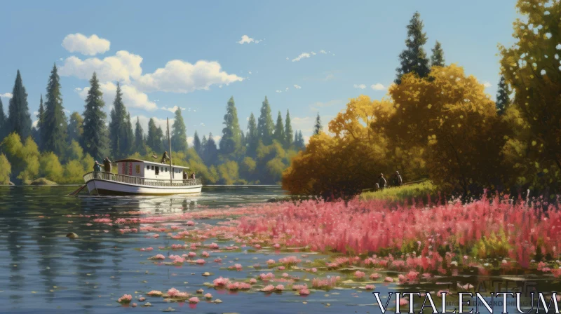 Lakeside Boat Amidst Pink Flowers: A Colorful Animation Panorama AI Image