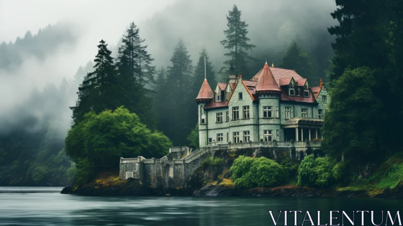 Misty Gothic House on Water's Edge - Timeless 19th Century Artistry AI Image
