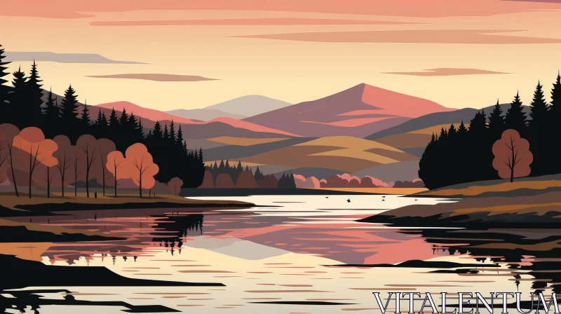 Mountain Lake Sunset: A Serene Landscape Illustration AI Image