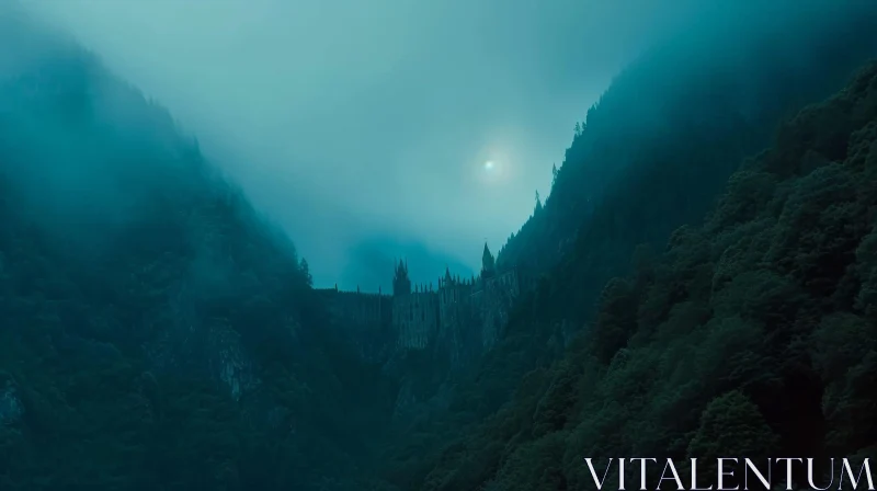 Mysterious Landscape with Castle on Cliff | Dark and Moody AI Image