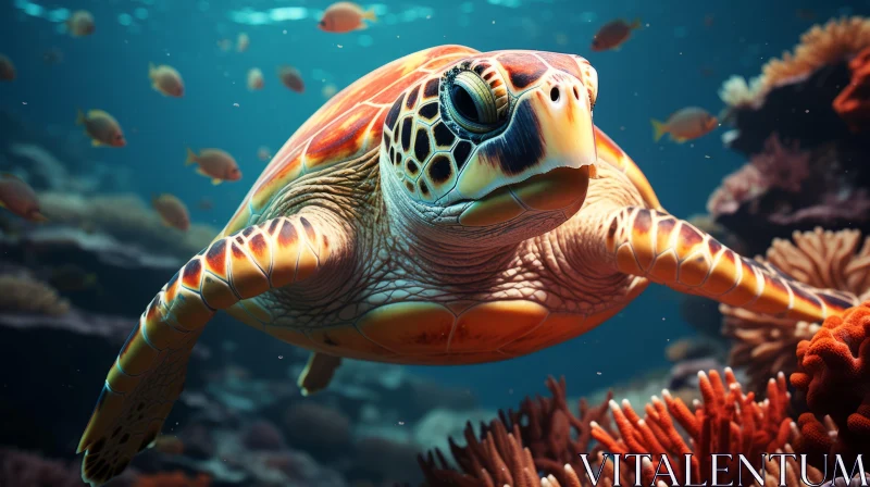 Ocean Turtle Swimming Among Sea Life Illustration AI Image