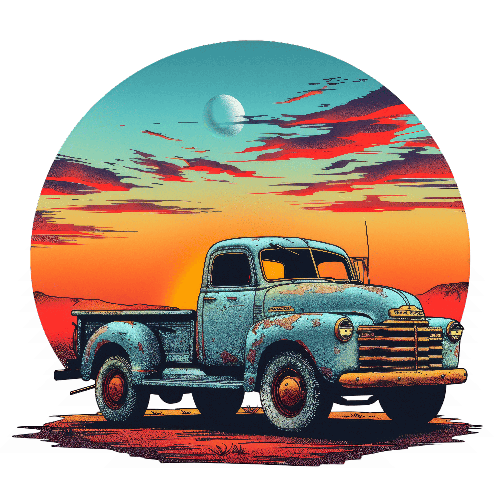 Retro Truck in Desert Sunset – Vintage Automotive Art POD Design