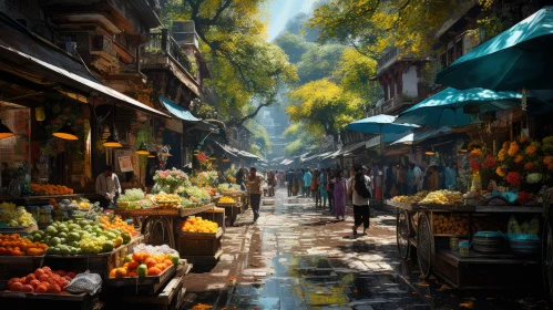 Sunlit Street Market - A Detailed Rendering of Traditional Himalayan Art