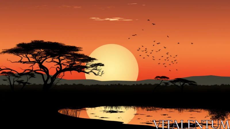 Sunset Over Savannah: An Avian-Themed Natural World Illustration AI Image