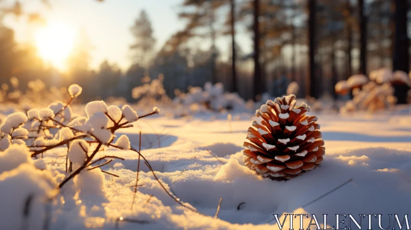 AI ART Winter Solitude - Pine Cone in Snowy Forest at Sunset