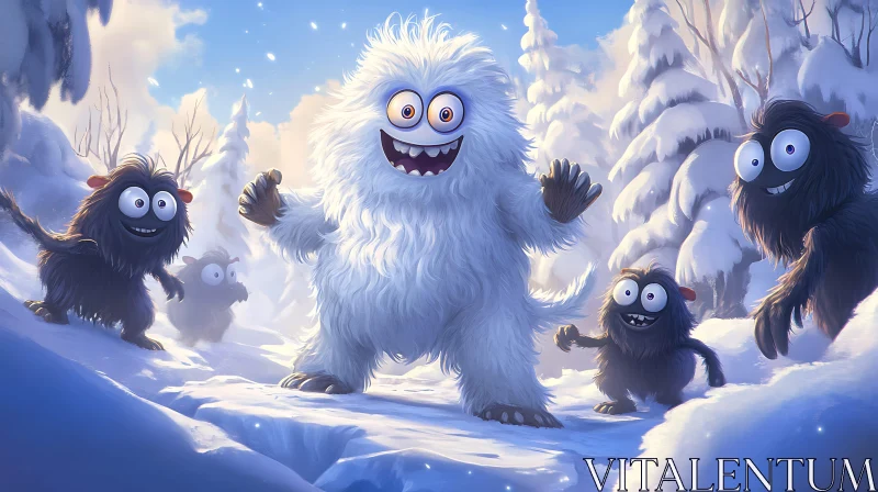 AI ART Cartoon Monsters Playing in the Snow