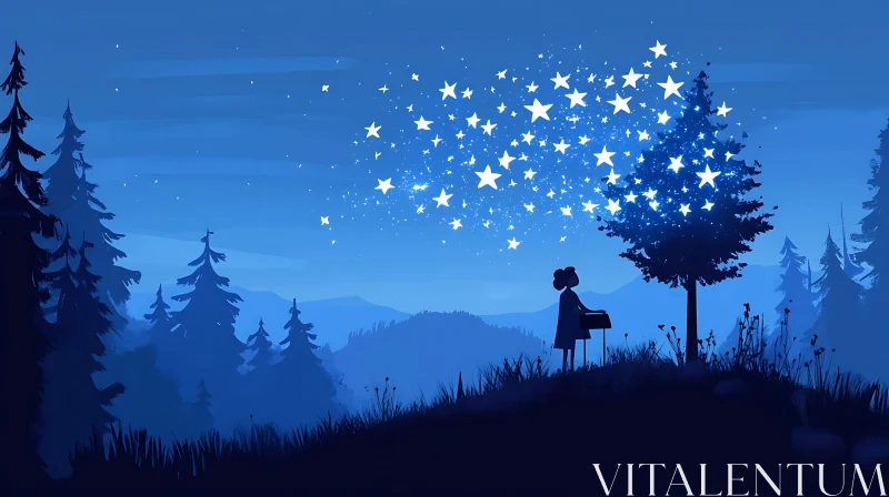 Girl Playing Piano Under Starry Tree AI Image