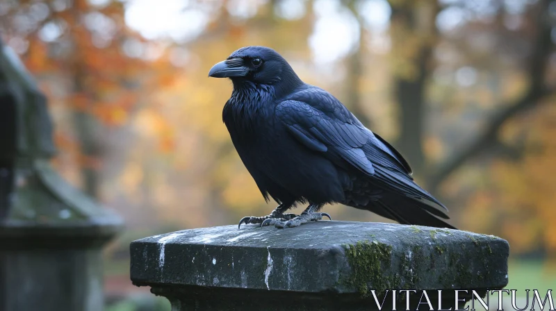 Ominous Raven on Weathered Stone AI Image