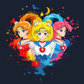 Three Magical Anime Girls Illustration