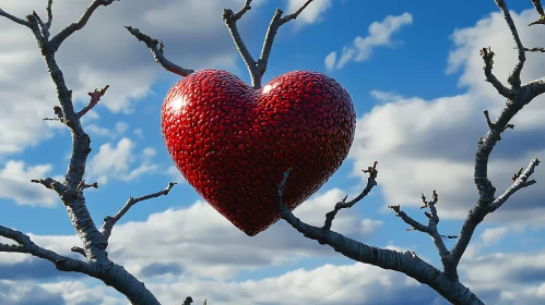 Red Heart Sculpture in Winter Tree