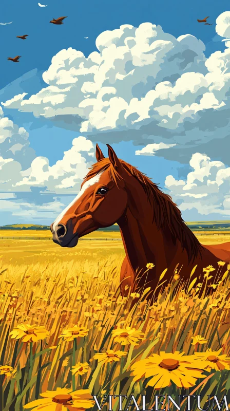 AI ART Chestnut Horse in Flowered Field