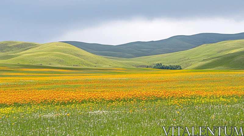 AI ART Springtime Wildflower Meadow against Hilly Landscape