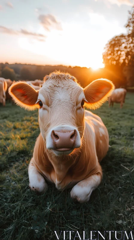 Golden Sunset with a Calm Cow AI Image