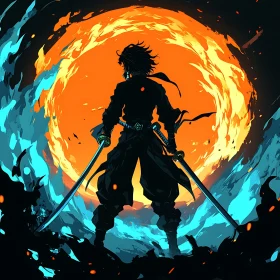 Silhouette of a Warrior with Swords