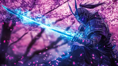 Mystic Samurai in Cherry Blossom Garden