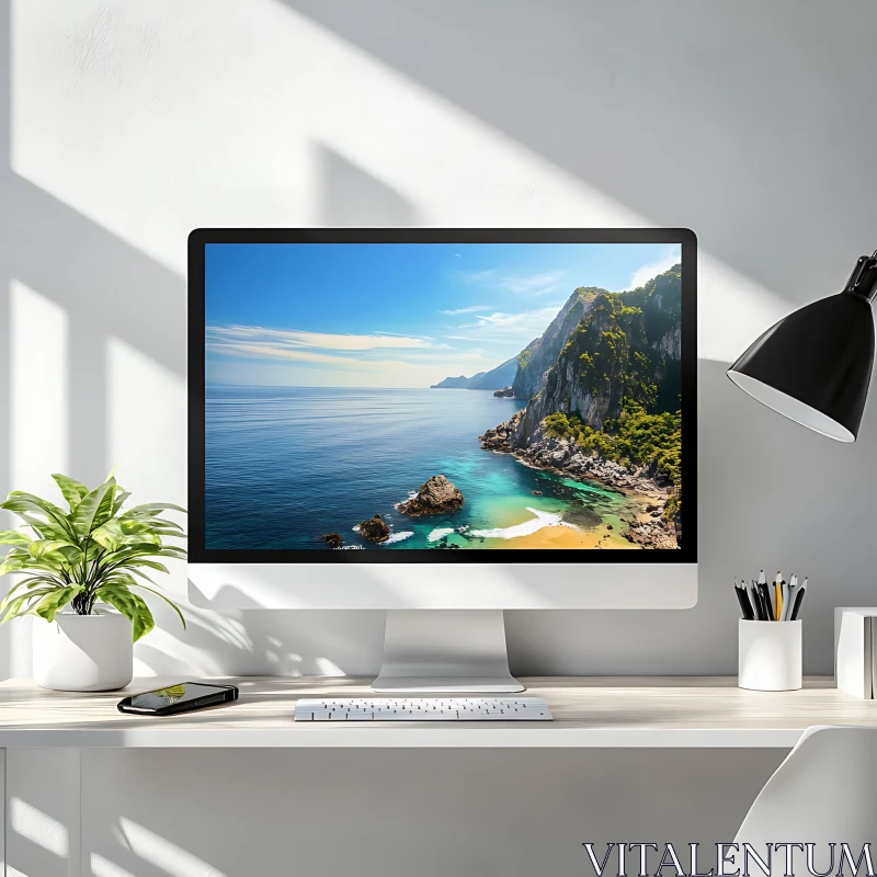 Tranquil Sea View Displayed on Desktop AI Image