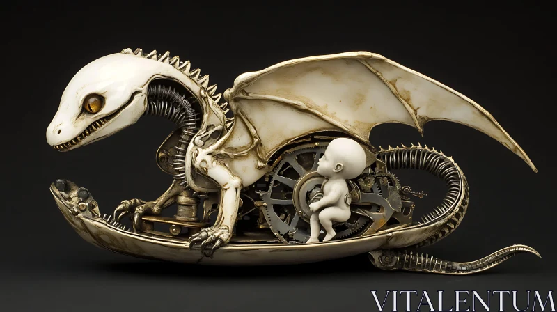 AI ART Mechanical Dragon with Baby Figurine