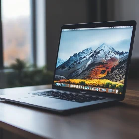 Laptop Displaying Mountains on Desk