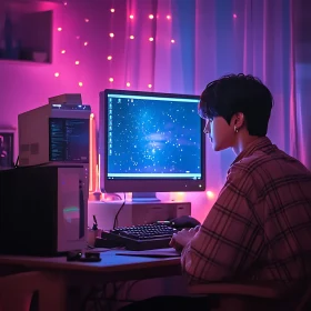 Person Working at Neon-Lit Desk with Starry Night Monitor