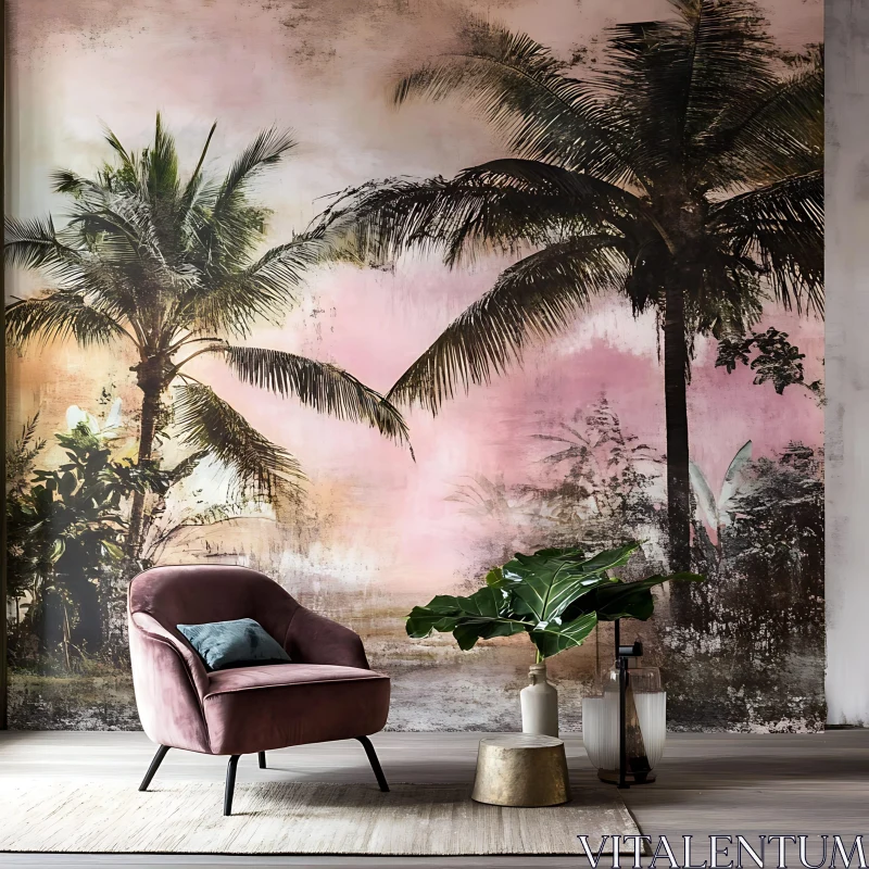 Stylish Interior with Tropical Palm Tree Mural AI Image