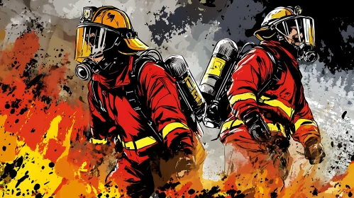 Firefighters Battling Blaze in Dynamic Artwork