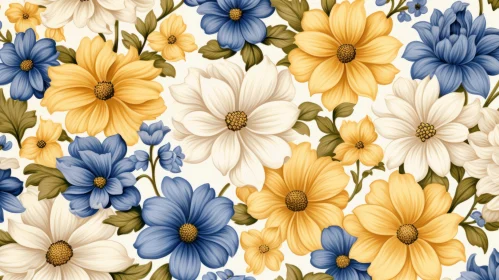 Blue and Yellow Floral Wallpaper with Mismatched Patterns