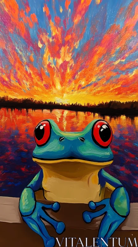 AI ART Colorful Frog at Sunset by the Lake