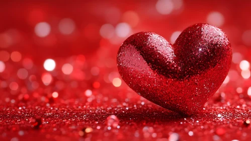 Sparkling Heart on Red Glitter Background