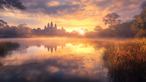 Golden Sunrise over Angkor Wat Lake