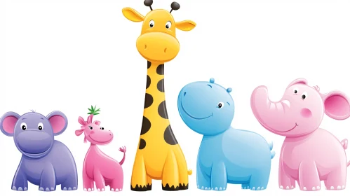 Adorable Cartoon Giraffe, Hippo, and Elephant Illustration