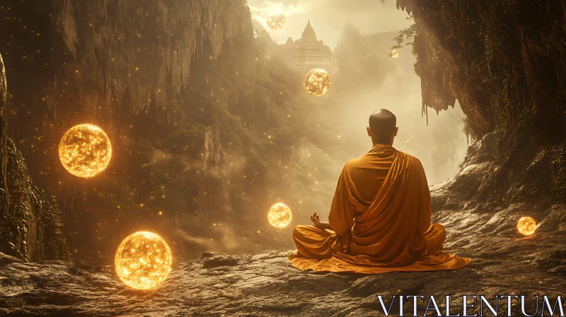 Meditative Monk in Golden Landscape AI Image