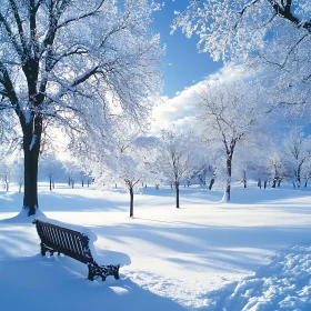 Serene Winter Landscape with Snowy Trees and Bench