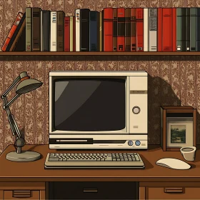 Retro Desk with Computer and Books