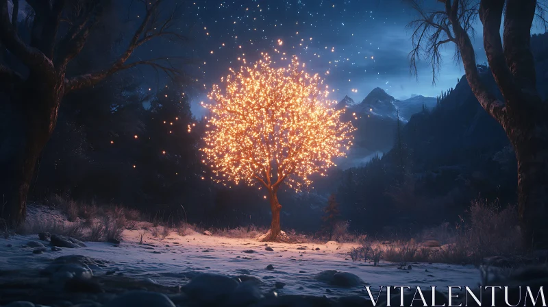 Glowing Tree in Snowy Night AI Image