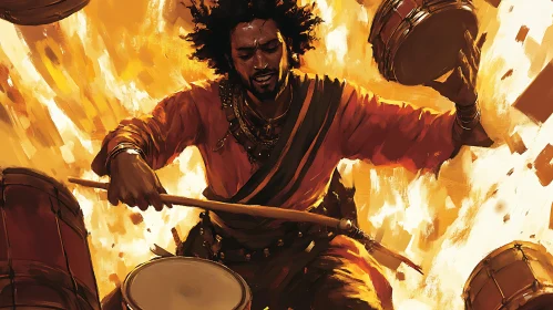 Rhythmic Passion: Drummer in Fiery Art