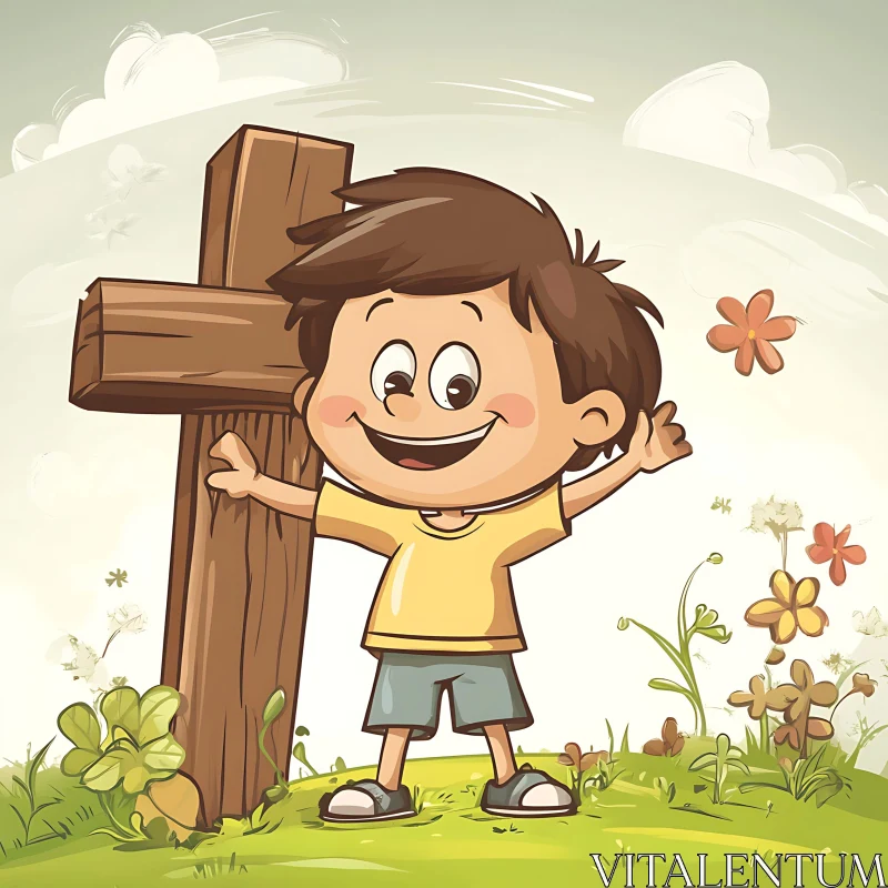 AI ART Cartoon Boy with Wooden Cross