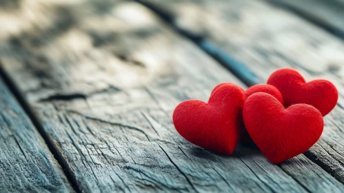 Red Hearts on Rustic Wood Surface