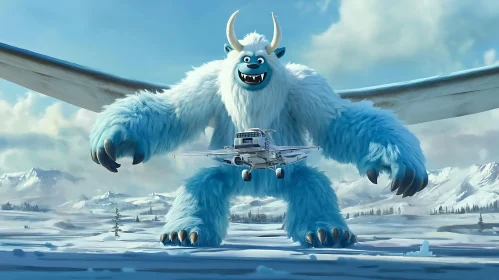 Cartoon Yeti Holding an Airplane