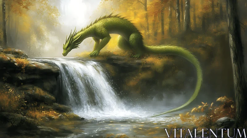 AI ART Dragon by Waterfall in Autumn Forest