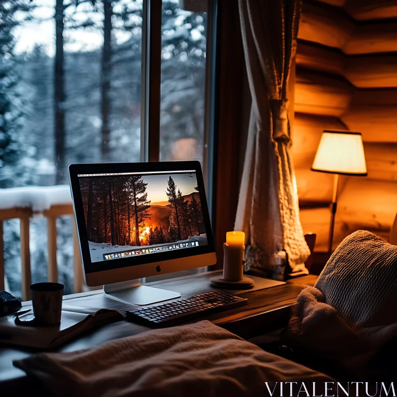 Warm Log Cabin Work Area with Snowy View and Sunset Scene on Screen AI Image