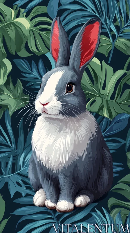 AI ART Illustrated Bunny Amidst Tropical Leaves