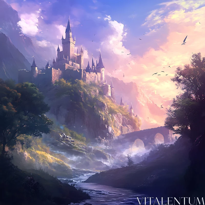 Picturesque Castle Overlooking River and Mountains AI Image