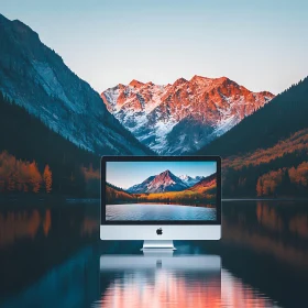 Autumn Landscape on Computer Screen Against Snowy Peaks